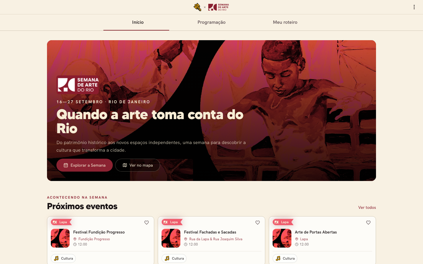 Página da Semana de Arte do Rio no layout desktop do Momo